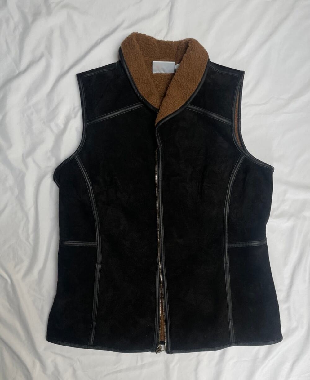 Denim and Co Black Suede Leather Vest, Brown Fleece Lined, Full Zip, Medium